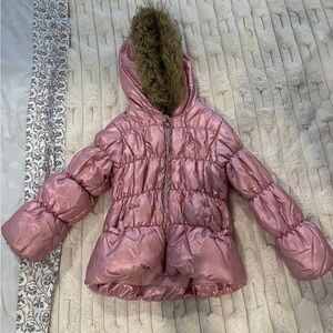 Pink Hooded Puffer Jacket with Faux Fur Trim